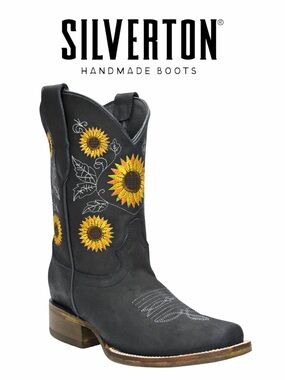 Silverton Sunflower All Leather Square Toe Black Boots - Size 8.5